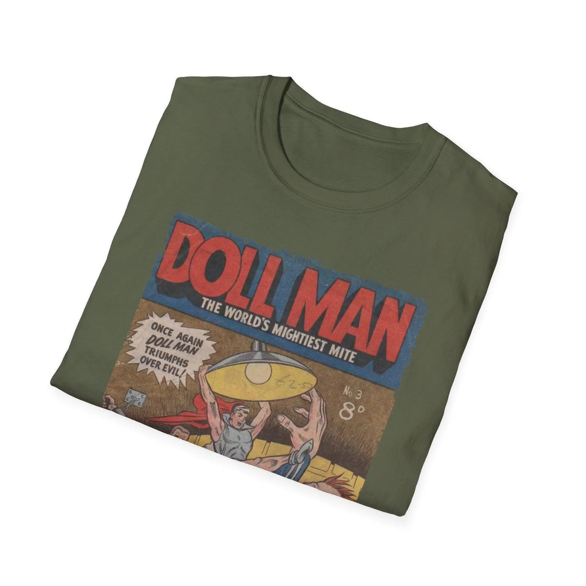 Close-up of the Doll Man No.3 unisex softstyle T-shirt neckline showing reinforced stitching and smooth fabric texture in