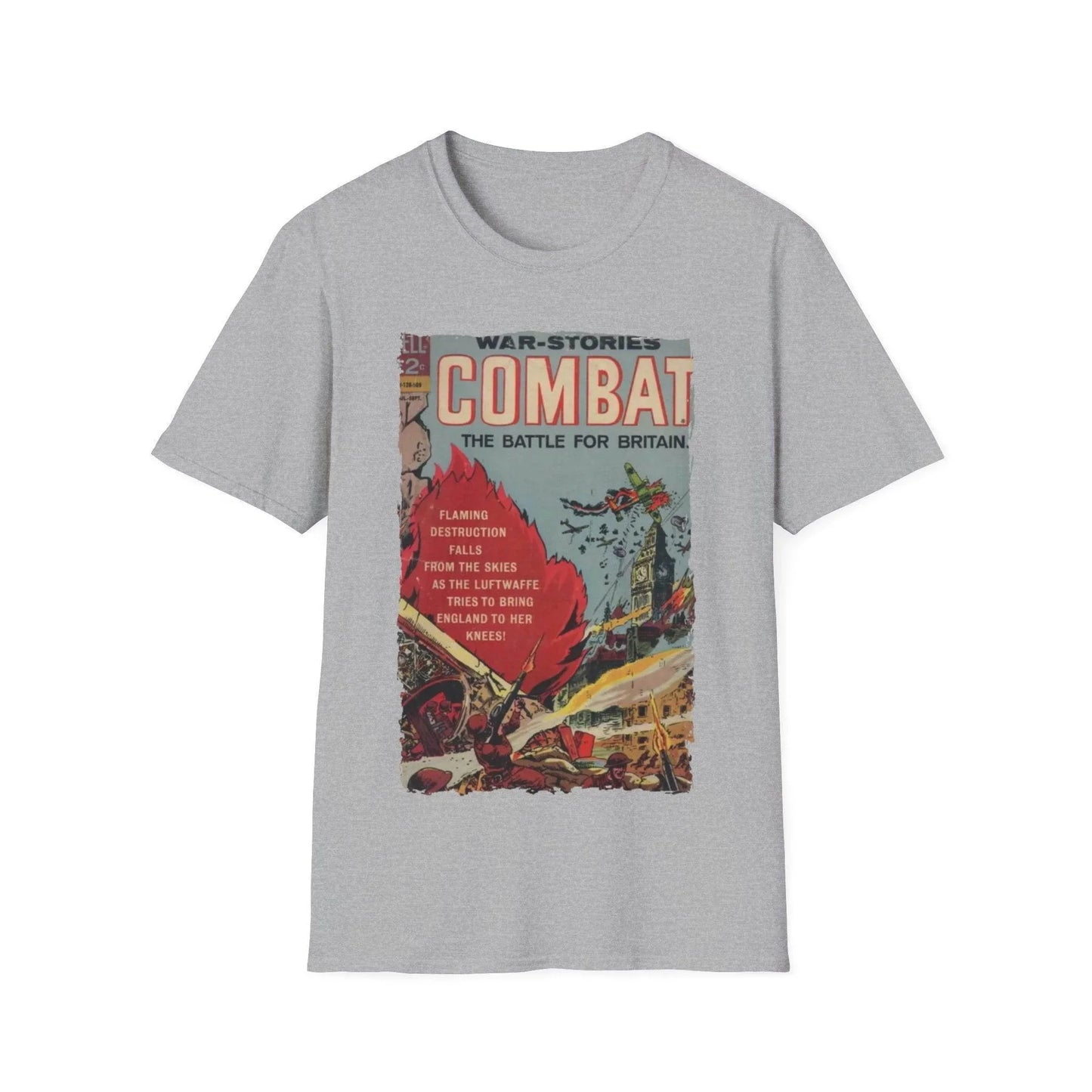 Close-up of the Combat July 1965 unisex softstyle T-shirt’s smooth heather navy fabric showing subtle texture and relaxed