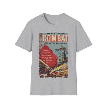 Close-up of the Combat July 1965 unisex softstyle T-shirt’s smooth heather navy fabric showing subtle texture and relaxed