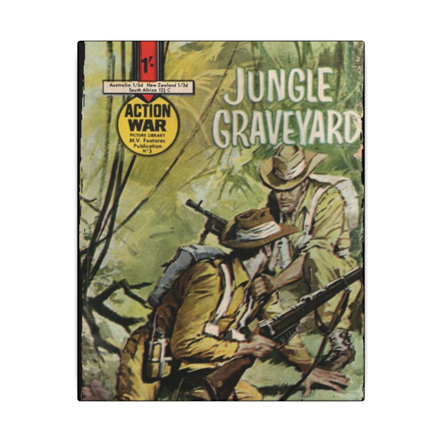 Close-up of "Action War #3" canvas edge showcasing vibrant color stitching and textured surface detail from a top corner