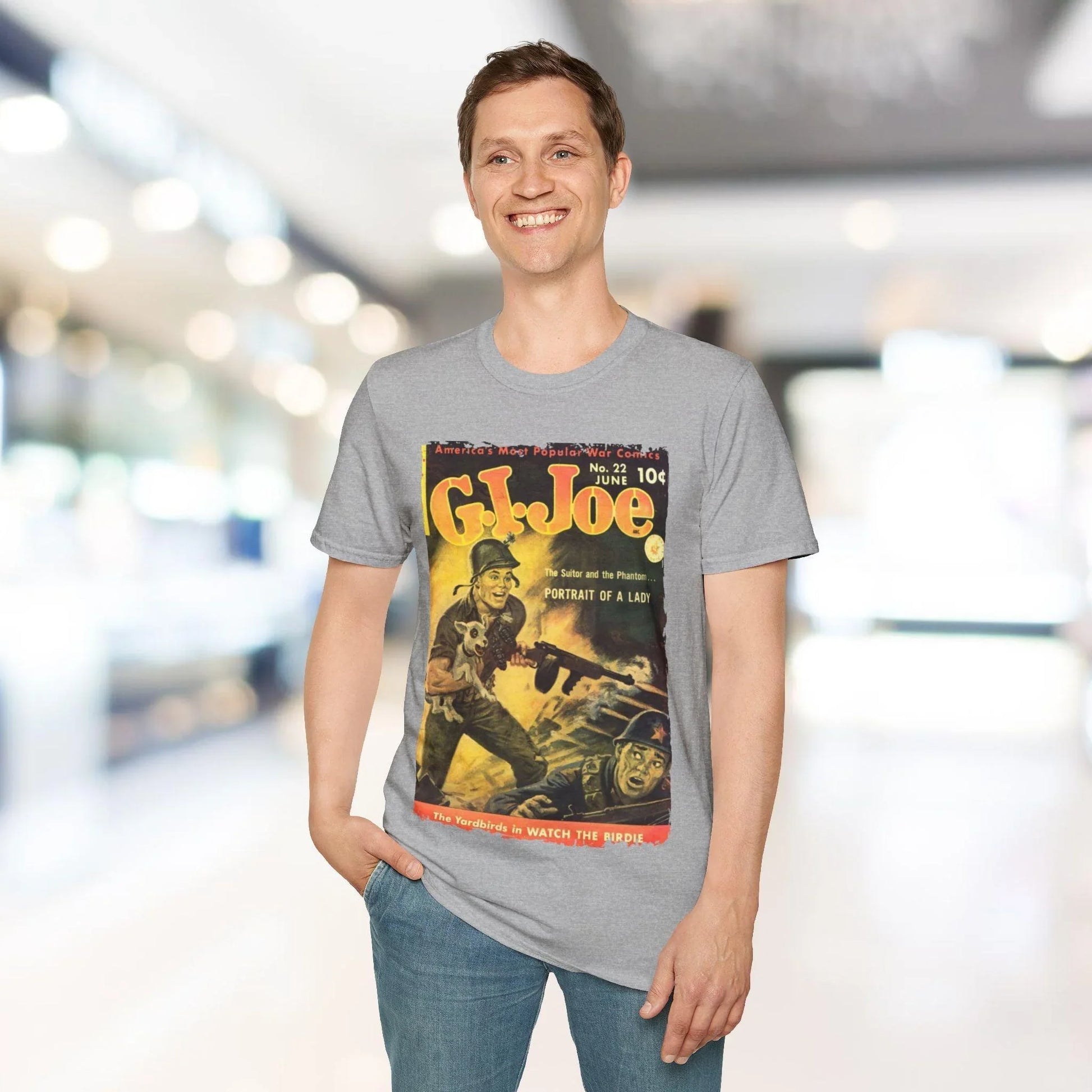 Close-up of the G.I. Joe No.22 softstyle T-shirt's neckline and tag on relaxed-fit black fabric, highlighting smooth ribbed