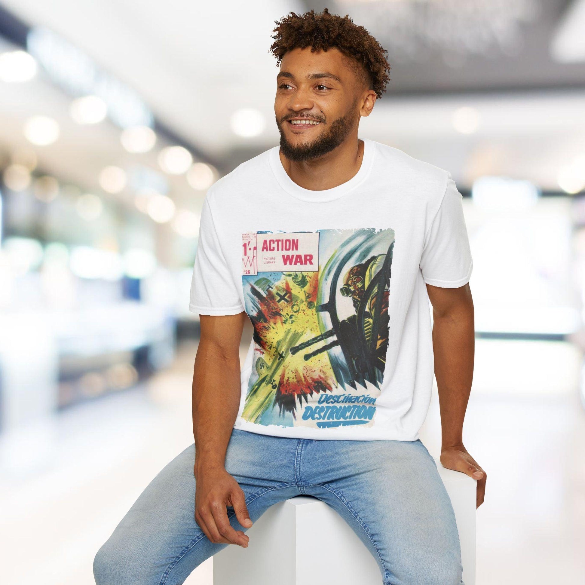 Close-up of the unisex softstyle T-shirt’s crew neckline highlighting smooth stitching and relaxed fit in vibrant blue