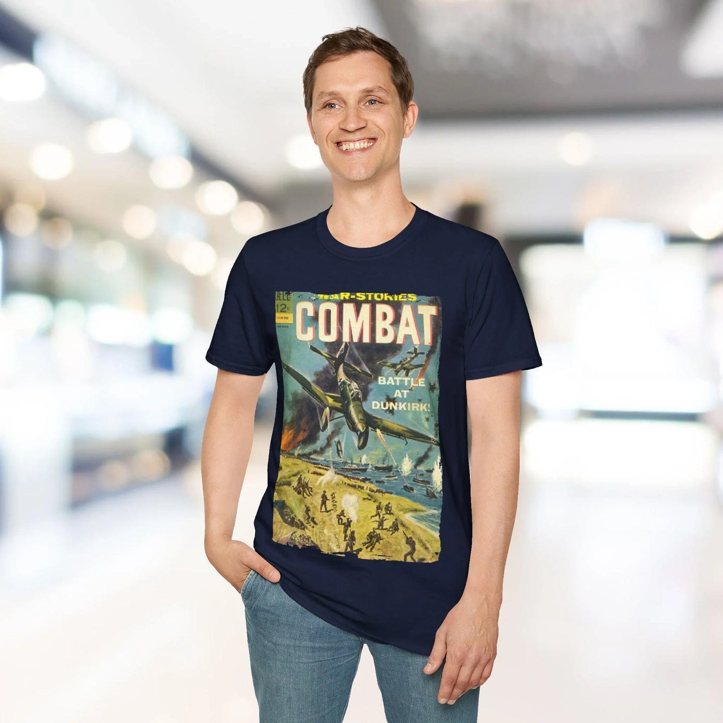 Close-up of the Combat March 1965 unisex softstyle T-shirt's neckline, showing double-stitched hem and subtle fabric texture