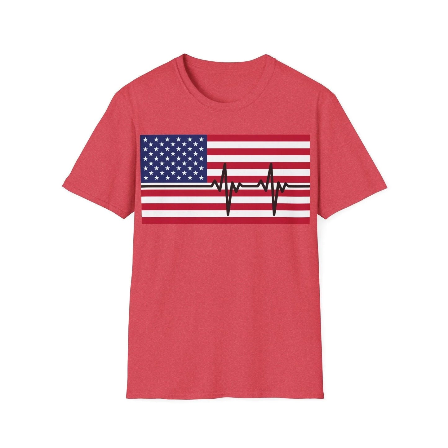 Close-up of the American Flag Heartbeat graphic on the chest with vibrant colors and precise stitching on the unisex
