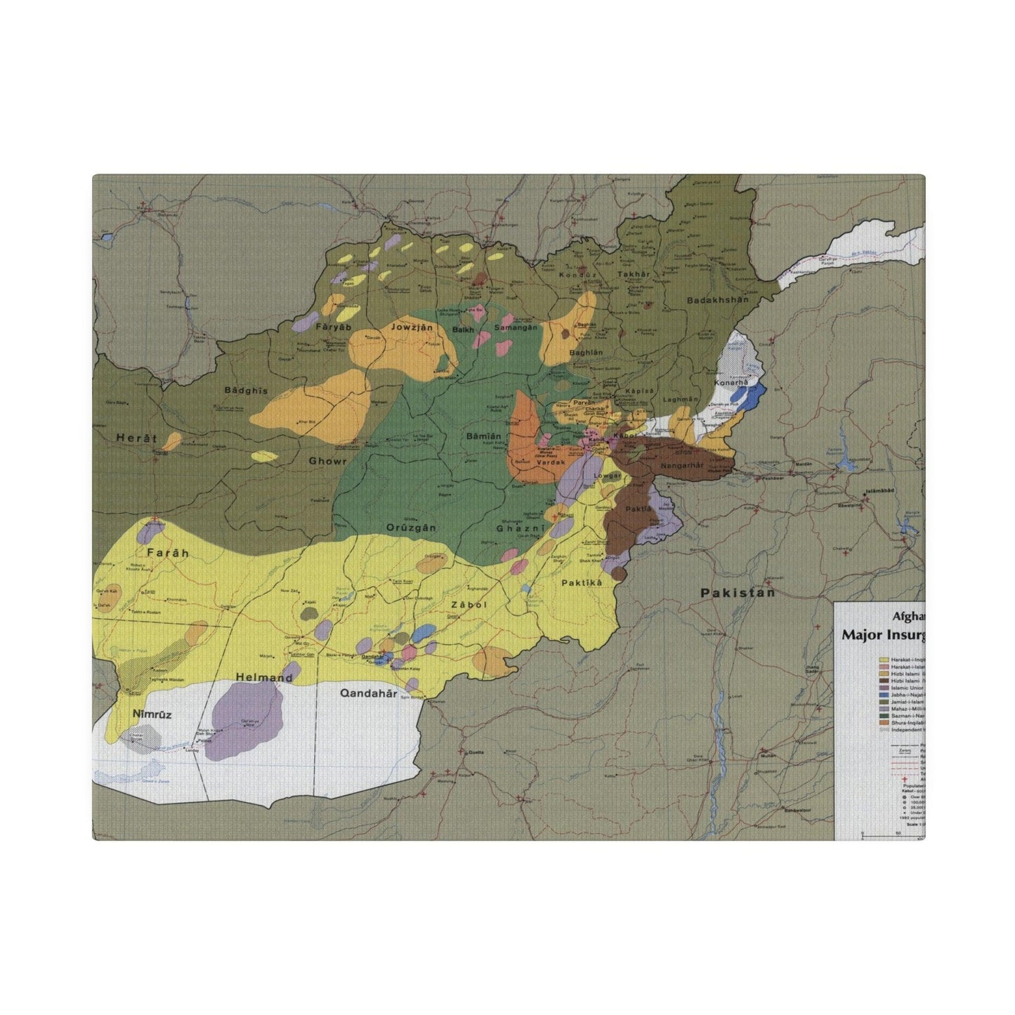 Close-up of canvas texture highlighting detailed brushstrokes and aged color consistency on the Afghanistan insurgent groups
