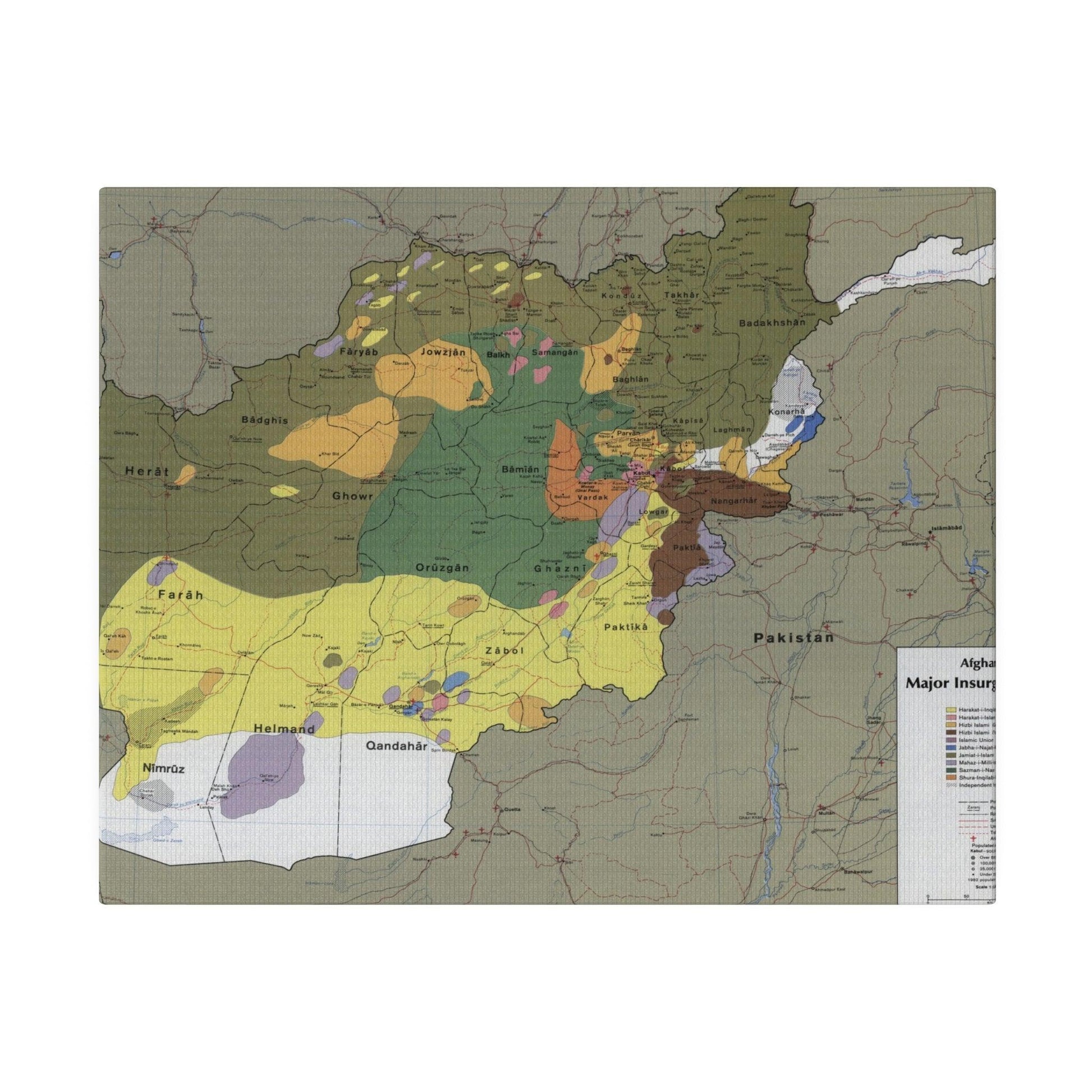 Close-up of canvas texture highlighting detailed brushstrokes and aged color consistency on the Afghanistan insurgent groups