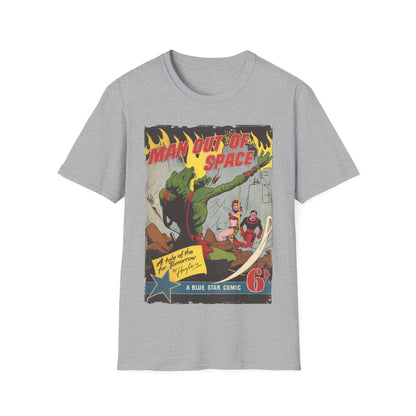 Close-up of the unisex softstyle T-shirt’s chest logo badge, showcasing textured embroidery on the relaxed fit, navy color