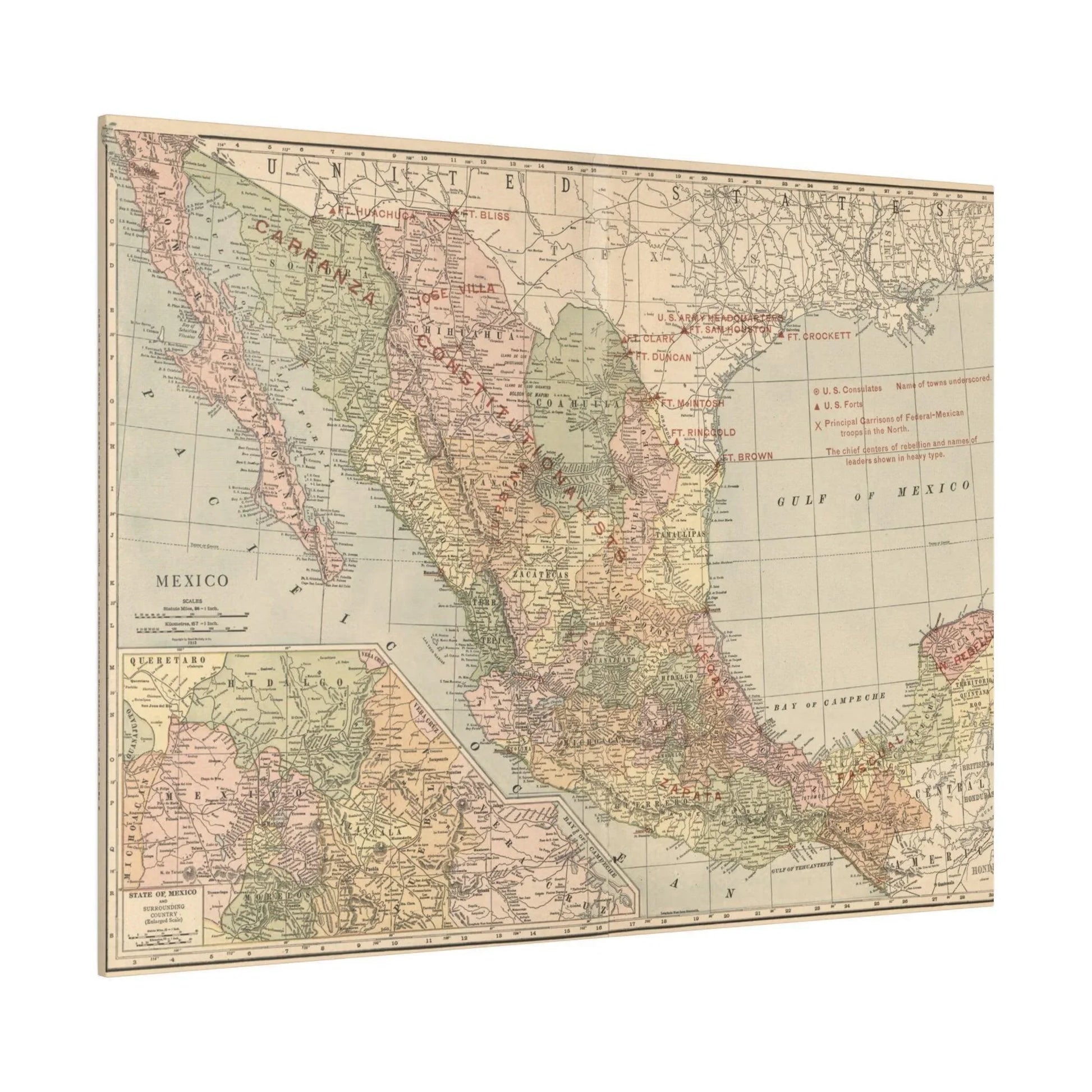 Close-up of textured canvas surface highlighting brushstroke details and vintage coloration of the Mexican Revolution 1913