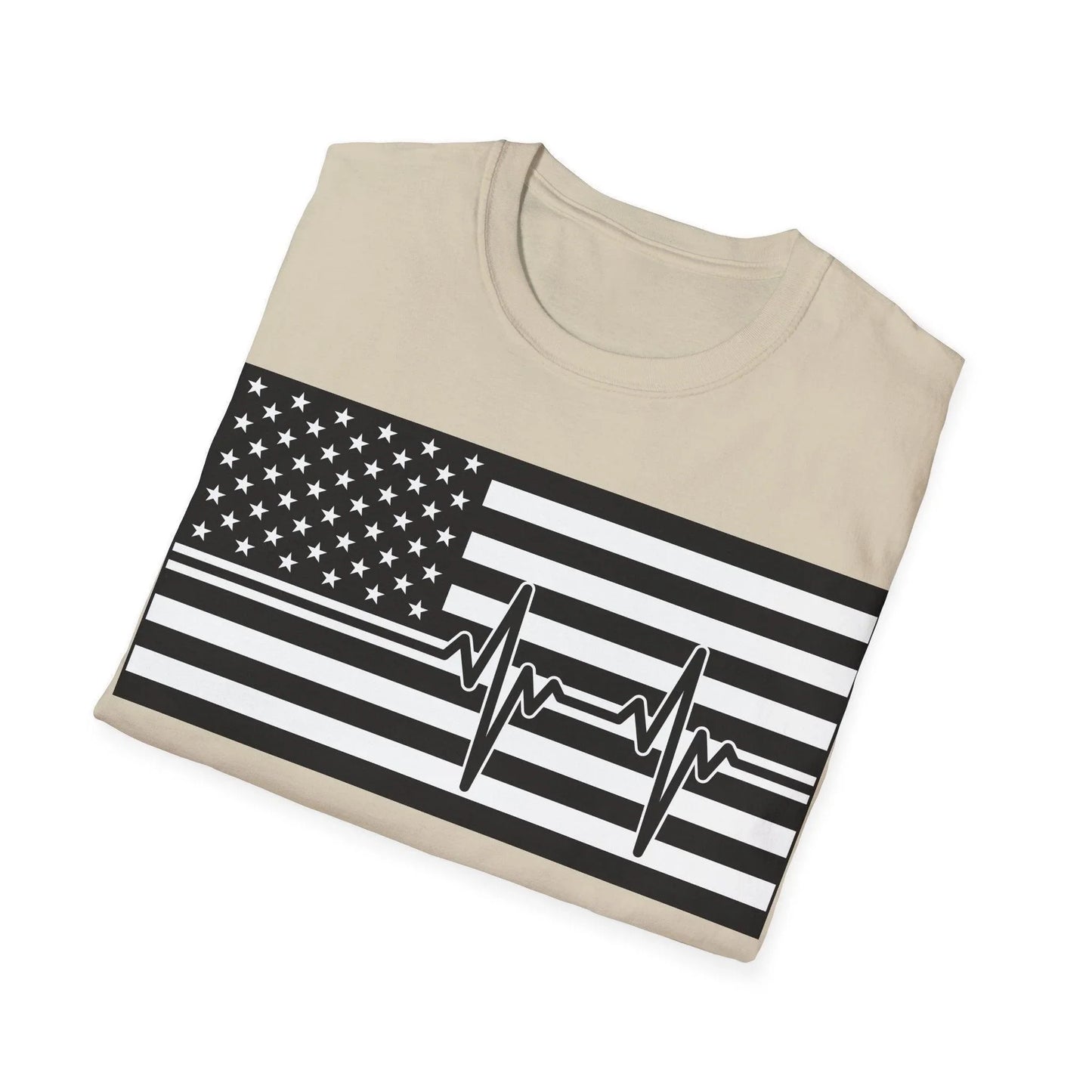 Close-up of the unisex black and white American Flag Heartbeat T-shirt's collar showing reinforced stitching and smooth