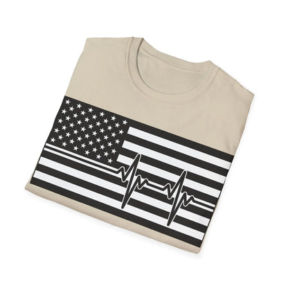 Close-up of the unisex black and white American Flag Heartbeat T-shirt's collar showing reinforced stitching and smooth