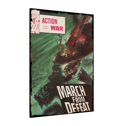 Close-up of the canvas material highlighting textured surface and detailed edge stitching of Action War #18 comic book cover.