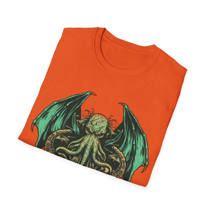 Close-up of the Cthulhu design on the chest area, highlighting intricate teal ink linework on soft black cotton fabric
