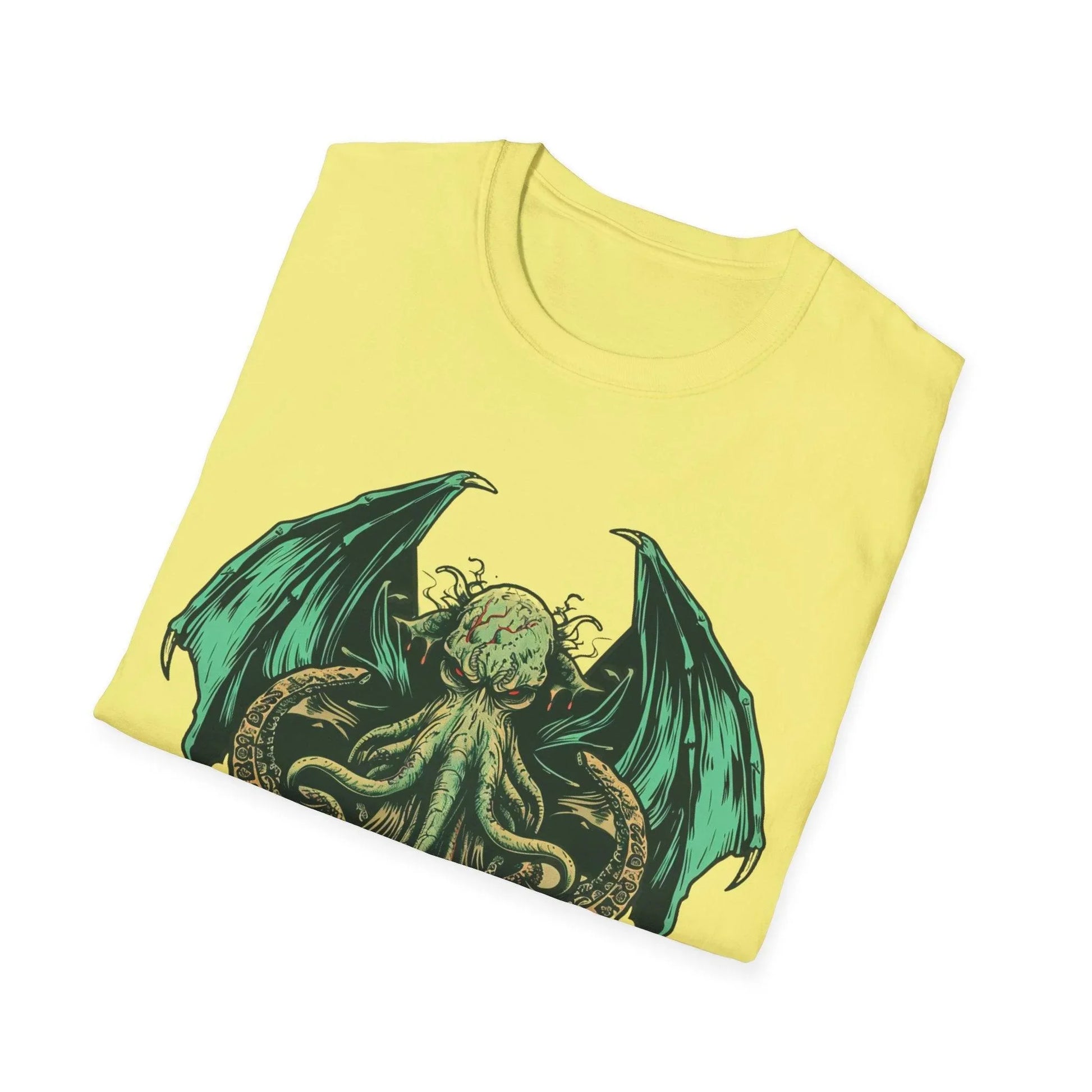 Close-up of Cthulhu artwork on navy slim-fit softstyle T-shirt showing detailed linework and vibrant ink print from a front