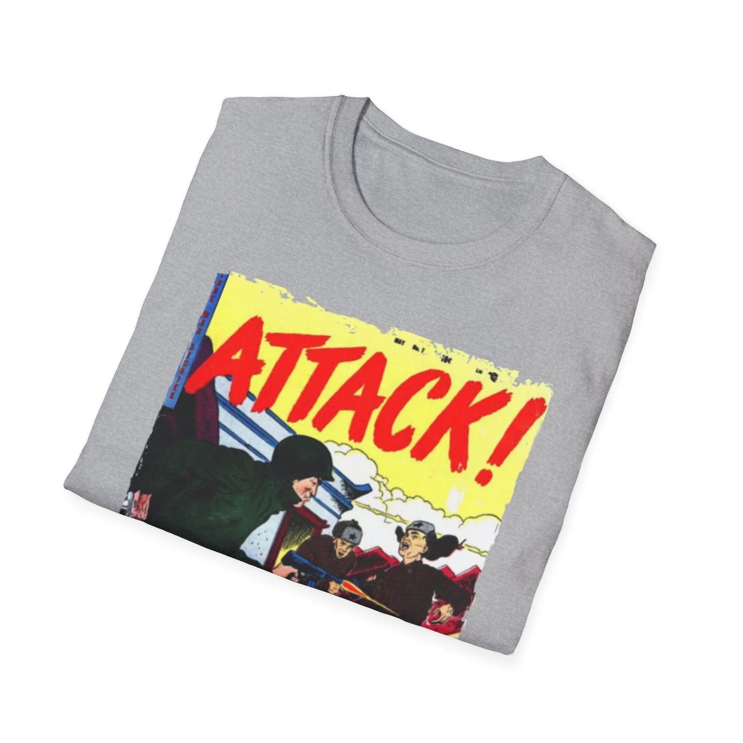 Close-up of the Attack! No. 7 unisex softstyle T-shirt fabric showing textured cotton blend and slim fit neckline detail.