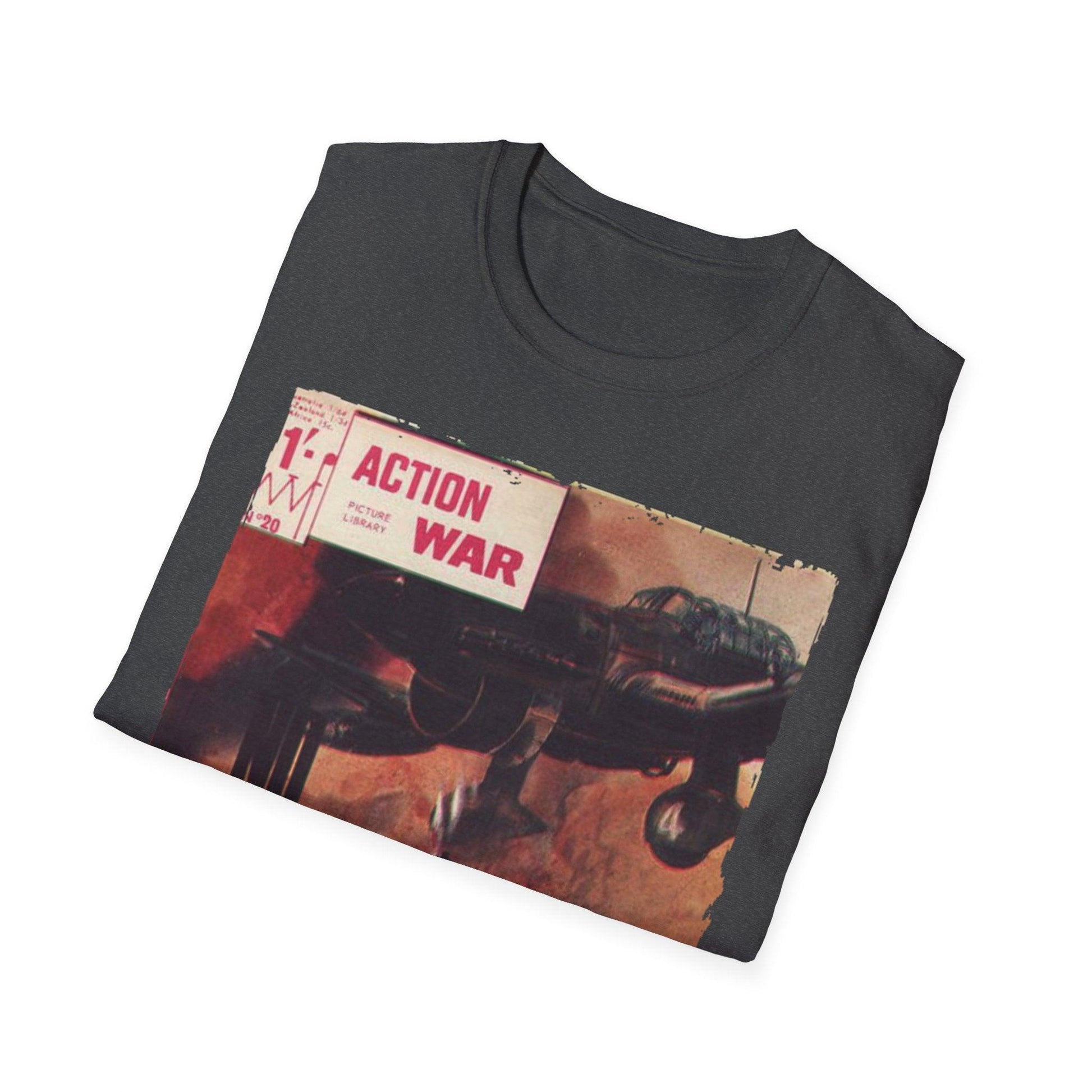 Close-up of the unisex softstyle T-shirt fabric showcasing the smooth, relaxed fit in navy blue with subtle stitching