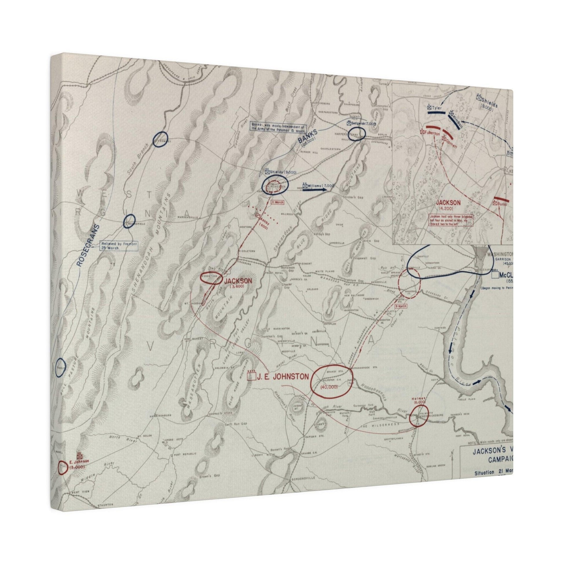 Close-up of faded canvas depicting detailed battle scene with textured brushstrokes from Jackson's Valley Campaign, 1862.