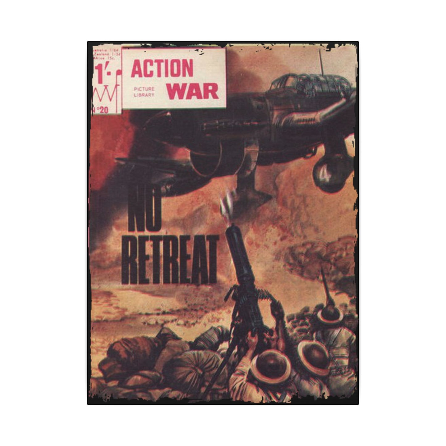 Close-up of the canvas texture highlighting vibrant printed artwork detail from Action War #20 comic page, showcasing sharp