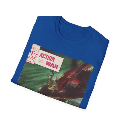 Detail of the unisex softstyle T-shirt’s collar and shoulder stitching in black color, highlighting smooth fabric texture