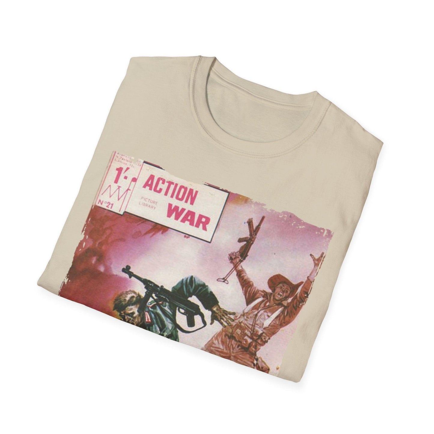 Close-up of the unisex softstyle T-shirt's smooth, heather slate fabric with visible neckline stitching and relaxed fit