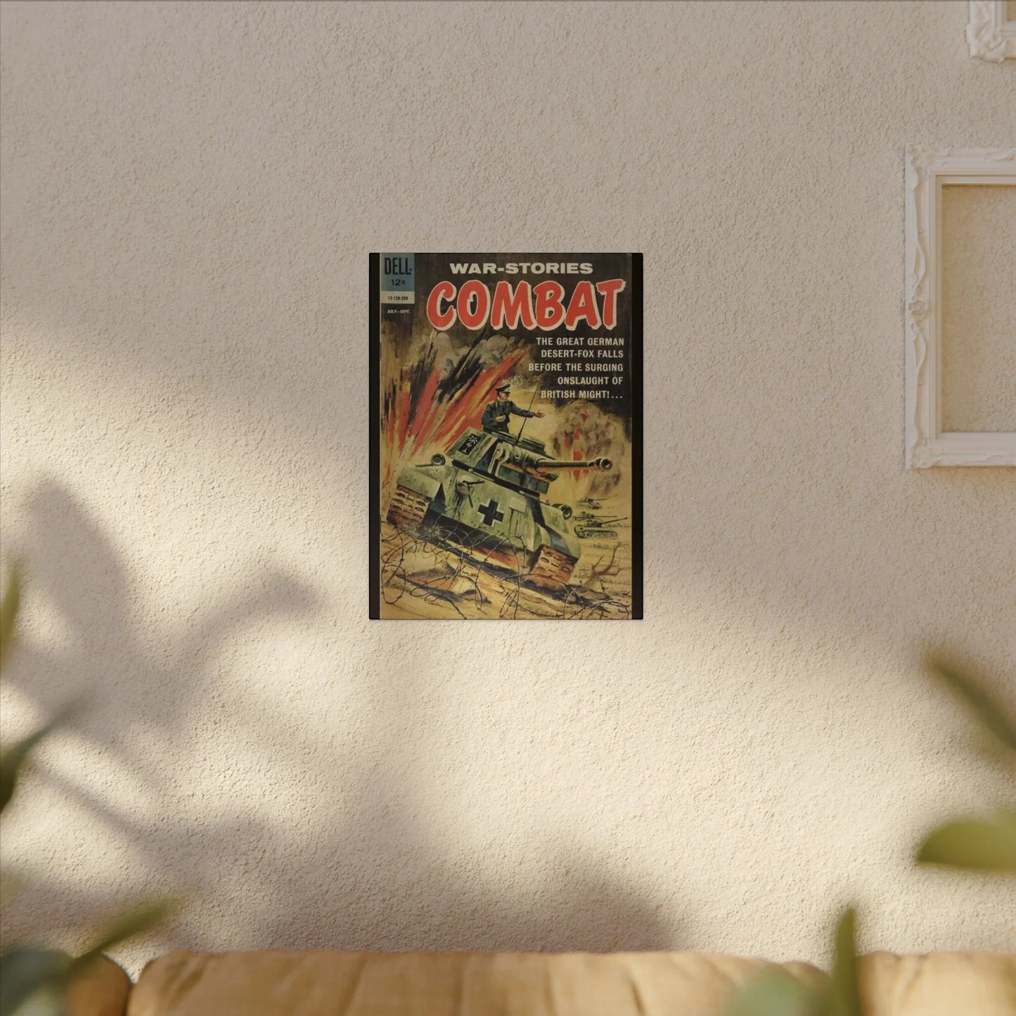 Close-up of textured canvas material highlighting vintage print detail and muted color tones from a top-left angle.