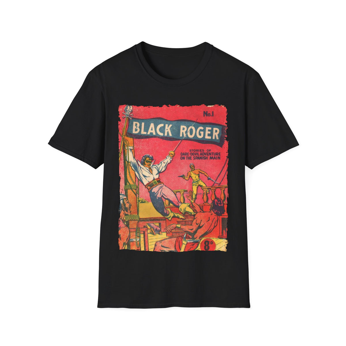 Front close-up highlighting the soft cotton fabric texture and reinforced neckline detail of the Black Roger No.1 unisex