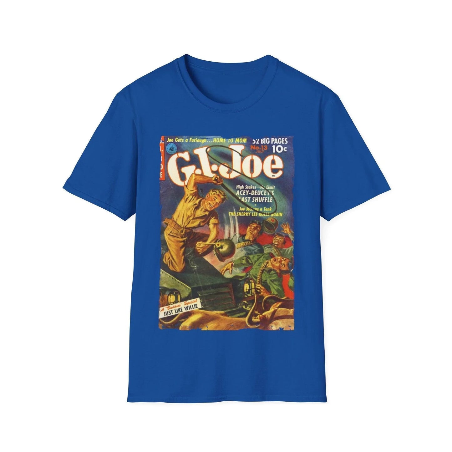 Close-up of the G.I. Joe No.13 July softstyle T-shirt's collar showing smooth neckline stitching and subtle fabric texture