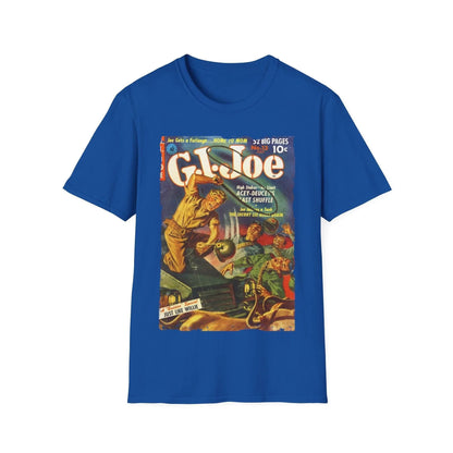 Close-up of the G.I. Joe No.13 July softstyle T-shirt's collar showing smooth neckline stitching and subtle fabric texture