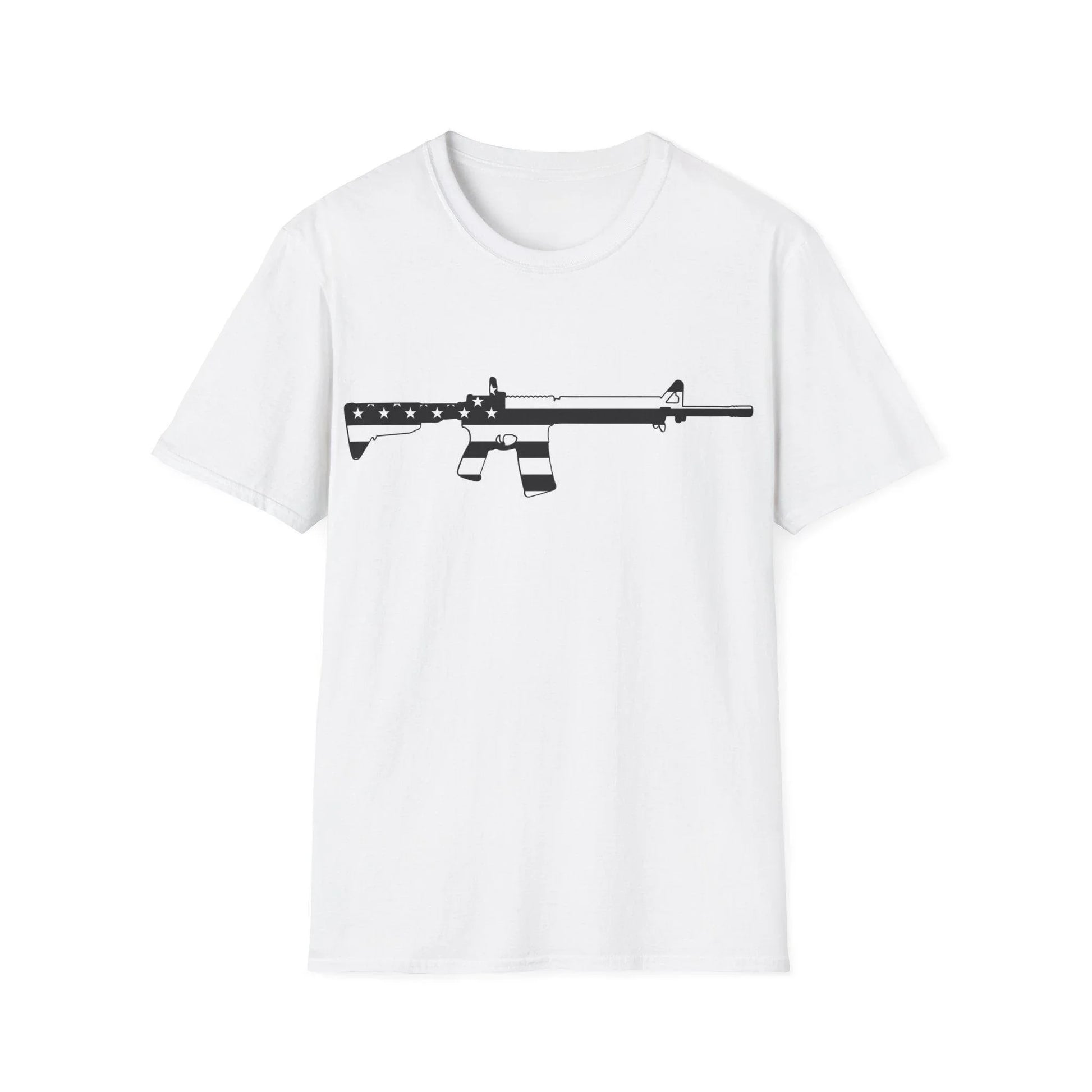 Printify unisex cotton crew neck T-shirt featuring black and white AR American flag and eagle graphic, regular fit, DTG