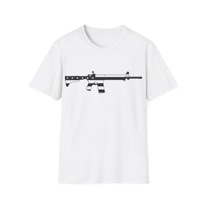 Printify unisex cotton crew neck T-shirt featuring black and white AR American flag and eagle graphic, regular fit, DTG