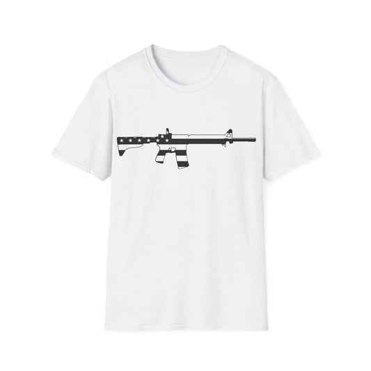 Printify unisex cotton crew neck T-shirt featuring black and white AR American flag and eagle graphic, regular fit, DTG