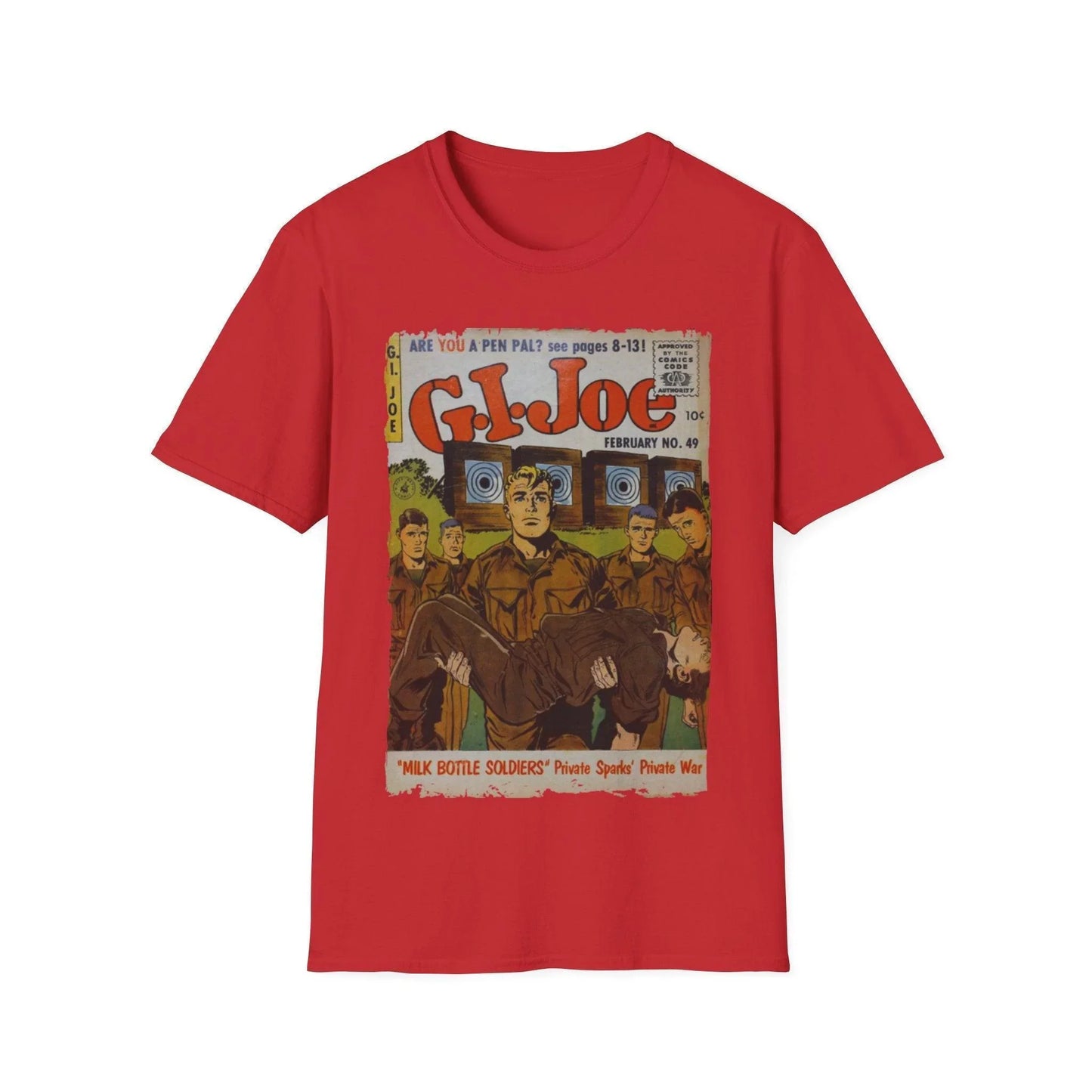 Close-up of the G.I. Joe No.49 unisex softstyle T-shirt's collar and shoulder seam showcasing smooth stitching and fabric