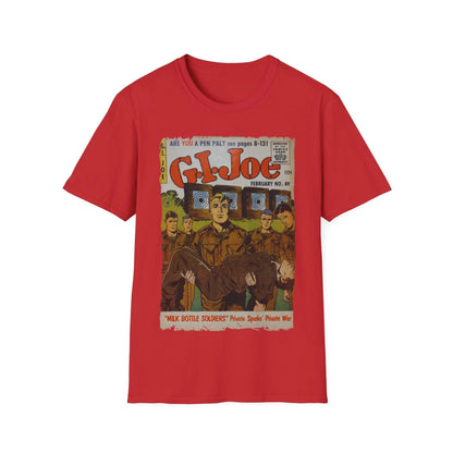 Close-up of the G.I. Joe No.49 unisex softstyle T-shirt's collar and shoulder seam showcasing smooth stitching and fabric