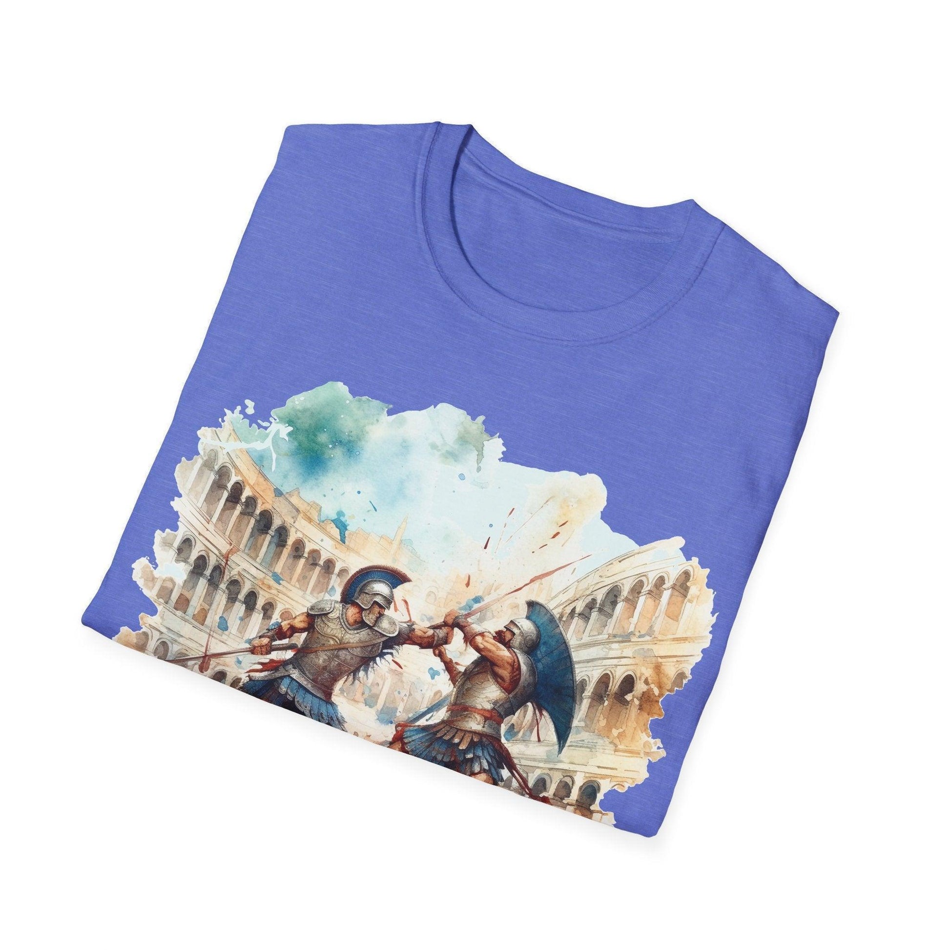Close-up of the unisex softstyle fabric with vivid gladiator artwork and reinforced neckline stitching from an overhead