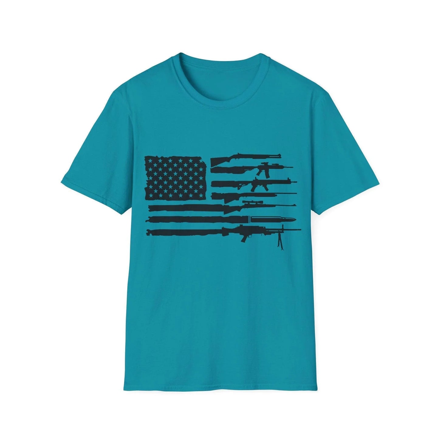 Close-up of the American Flag Guns B&W unisex softstyle T-shirt’s neckline and shoulder seam, showcasing smooth fabric and
