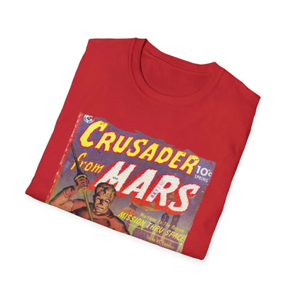 Close-up of the Crusader from Mars 1 T-shirt fabric showing the smooth, soft cotton blend and relaxed fit neckline detail.