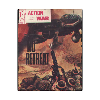 Close-up of the Canvas material’s textured weave and vibrant color edge detail on the Action War #20 poster.