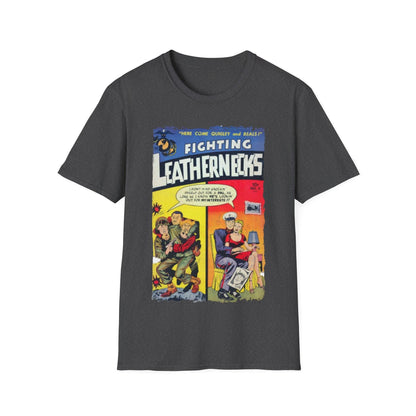 Close-up of the unisex softstyle T-shirt’s crew neckline and smooth fabric texture in vibrant navy blue from a slightly