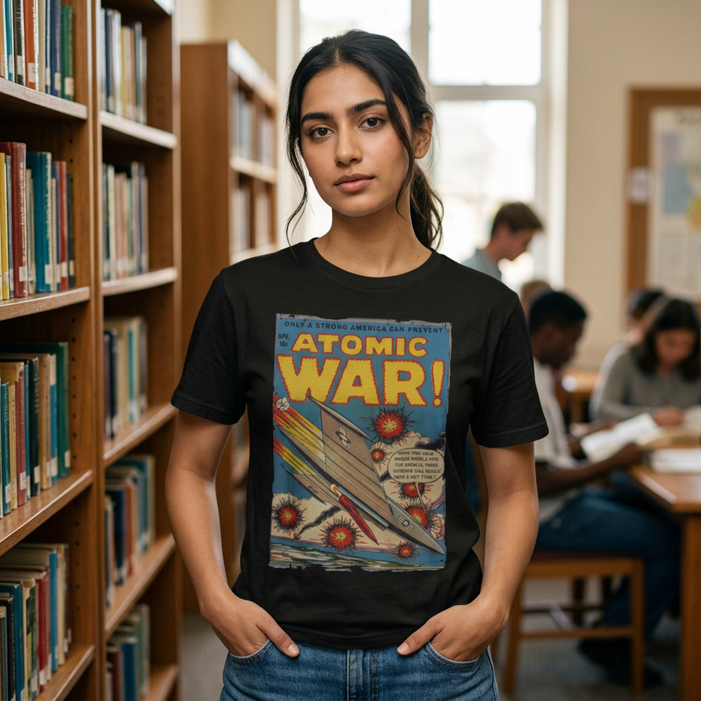 Printify Atomic War! No 4 unisex regular fit cotton crew neck T-shirt in black with graphic design print