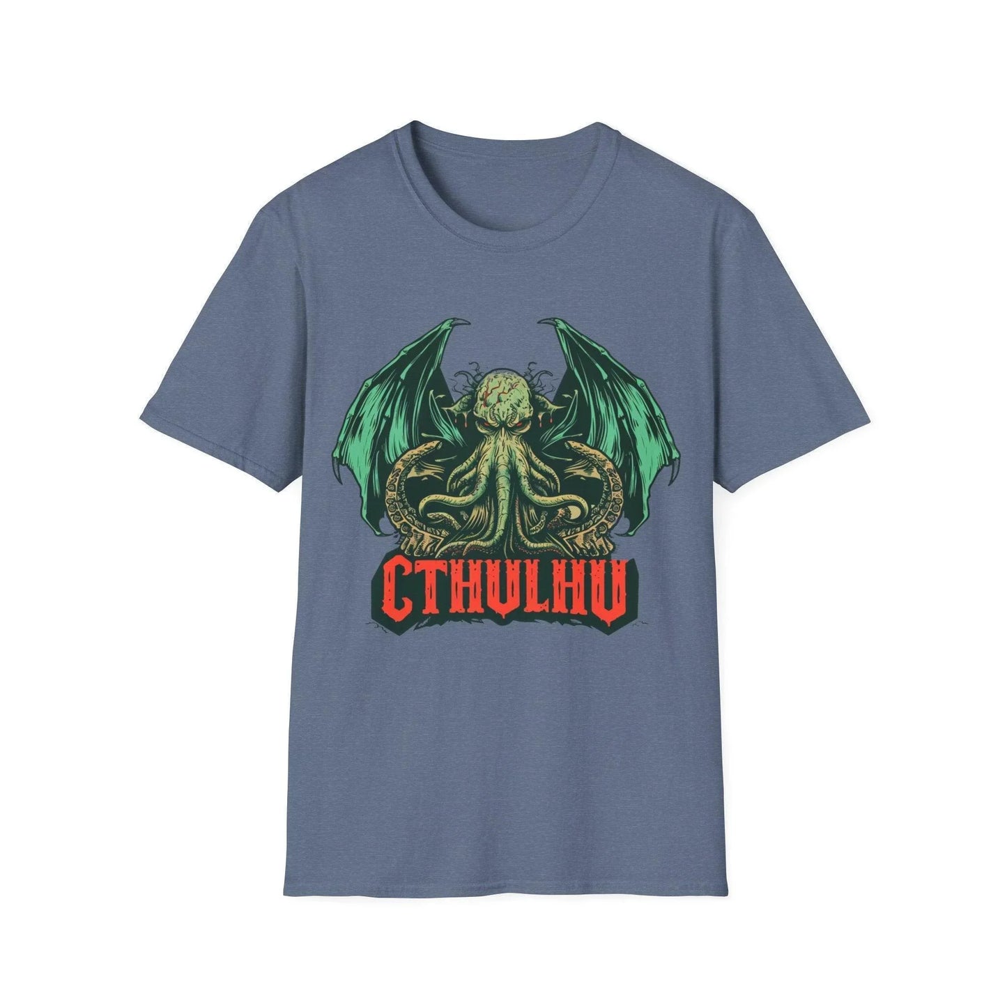 Close-up of the Cthulhu graphic on the chest area, showcasing detailed dark green ink design on the relaxed fit, ocean blue