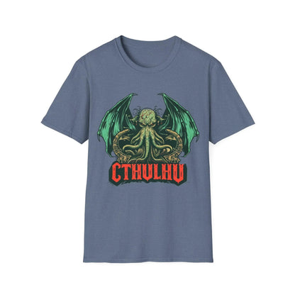 Close-up of the Cthulhu graphic on the chest area, showcasing detailed dark green ink design on the relaxed fit, ocean blue