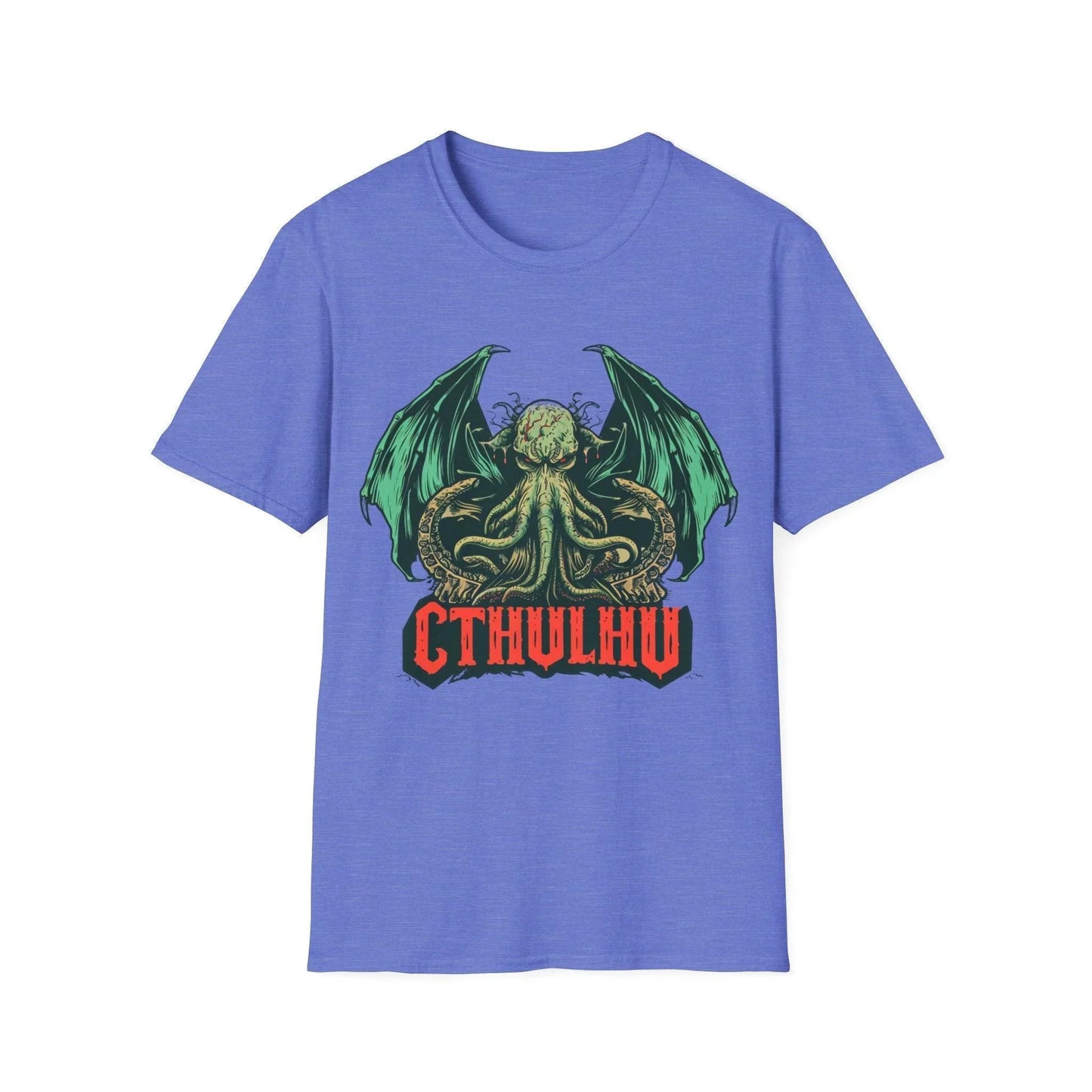 Close-up of the Cthulhu print's intricate linework and vibrant teal ink on the heather gray soft cotton T-shirt fabric.