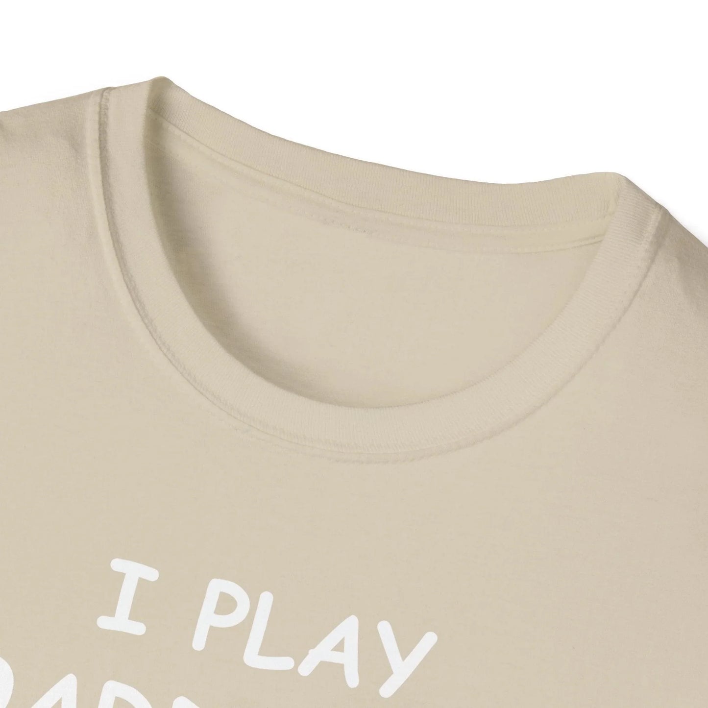 Close-up of the white I Play Boardgames T-shirt’s softfabric textured neckline and reinforced stitching at the collar seam.
