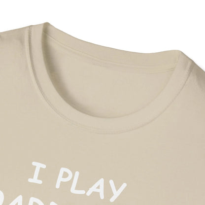 Close-up of the white I Play Boardgames T-shirt’s softfabric textured neckline and reinforced stitching at the collar seam.