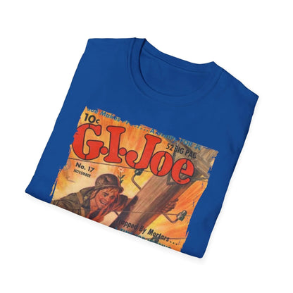 Close-up of the G.I. Joe No.17 unisex softstyle T-shirt's navy fabric, highlighting the relaxed fit and ribbed crew neckline