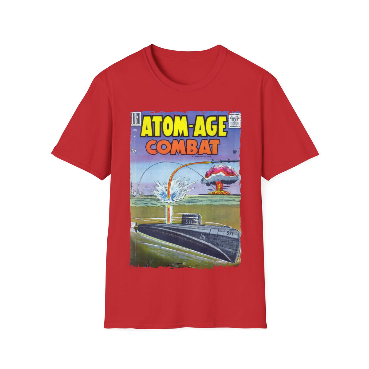 Close-up of the Atom-Age Combat No.2 T-shirt neckline showing soft cotton fabric and smooth stitching detail from a front