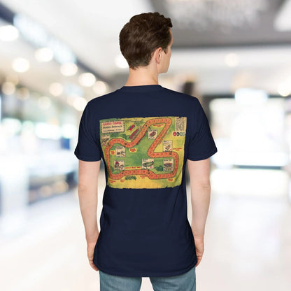 Close-up of the Jet Black No.5 unisex softstyle T-shirt's smooth fabric texture and reinforced crew neckline from a diagonal