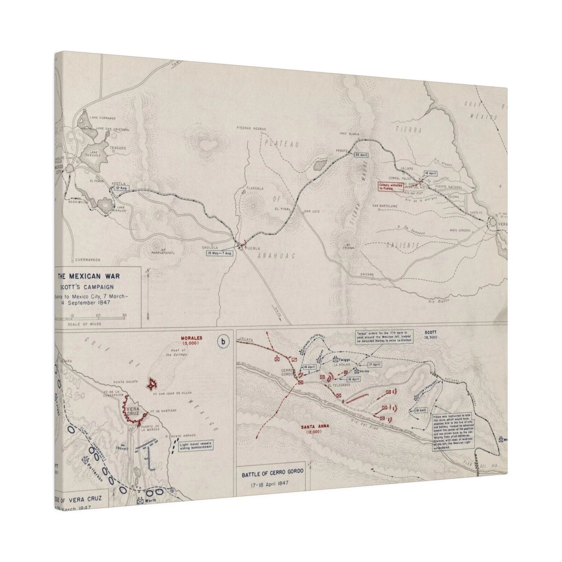 Close-up of the canvas texture highlighting brushstrokes and detailed depiction of the Mexican War scene from Scott's March