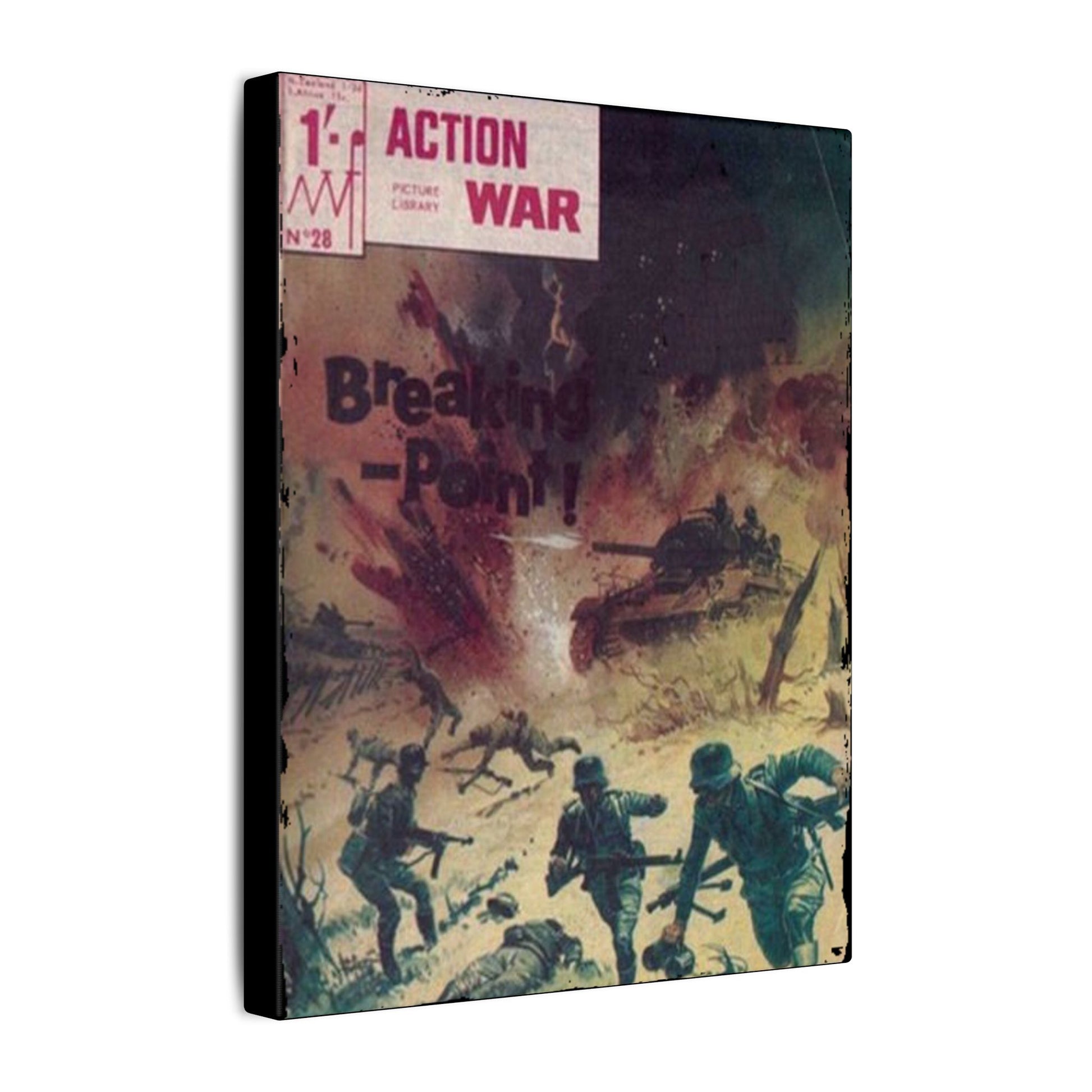 Close-up of the Action War #28 canvas edge showcasing textured material and vibrant color depth against neutral background.