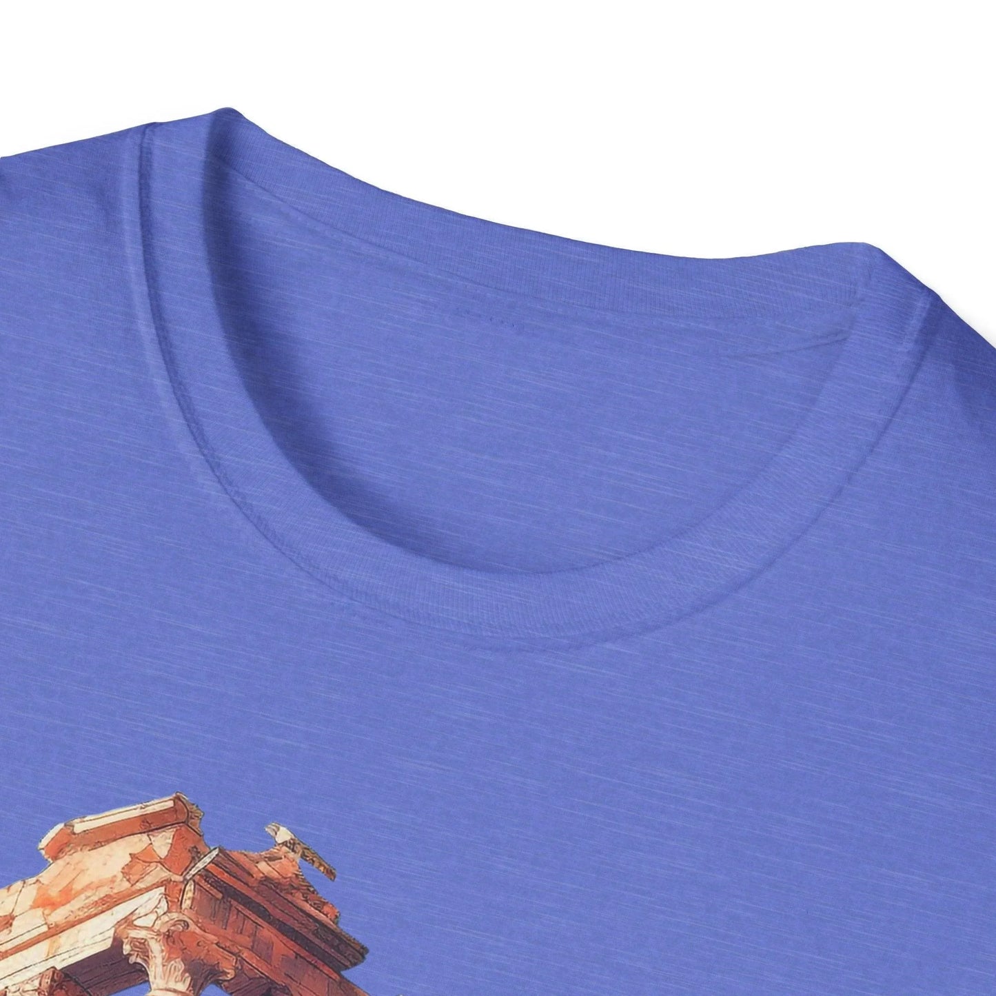 Close-up of the relaxed fit unisex T-shirt's navy fabric displaying subtle texture and reinforced double-stitched seams at