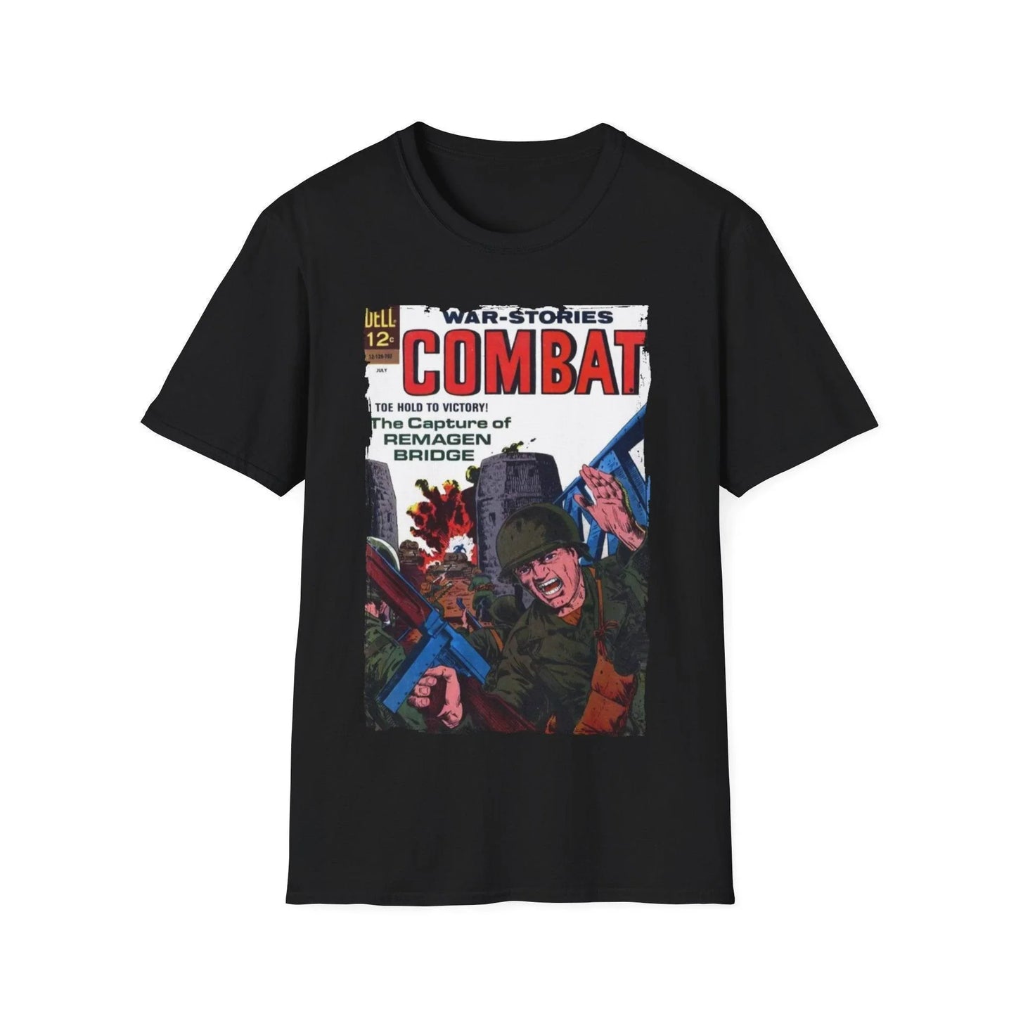 Printify Combat July 1967 unisex cotton crew neck T-shirt with relaxed fit and vintage pattern in navy blue